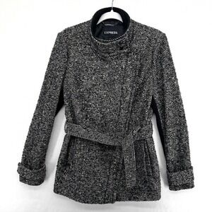 Express Moto Coat Womens Medium Black White Tweed Wool Blend Belted Asymmetrical